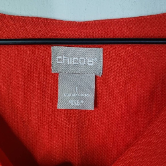 Chico's Linen Tunic Dress 1 8-10 Bright Orange V-Neck - Picture 3 of 9